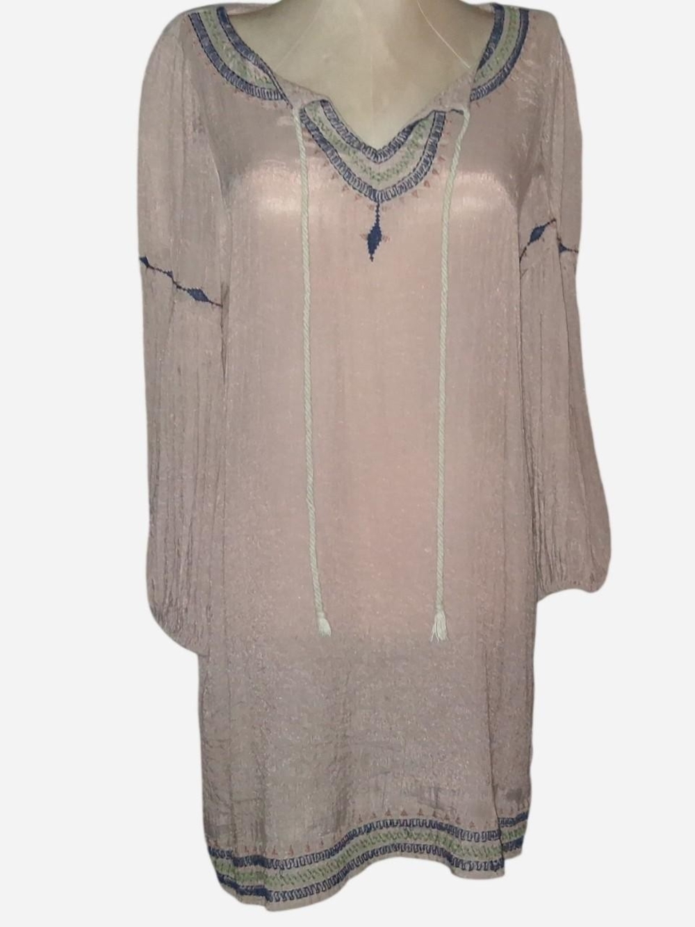 Yahada Pale Pink Embroidered Swim Cover-Up Tunic with Blue Accents